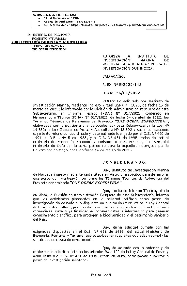 R. EX. Nº E-2022-145 ONE OCEAN EXPEDITION. (Publicado en Página Web 26-04-2022)