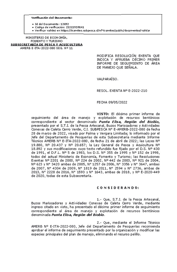 RESOL. EXENTA Nº E-2022-210  Modifica resolución que indica. Aprueba 11° seguimiento. (Publicado en Página Web 11-05-2022)