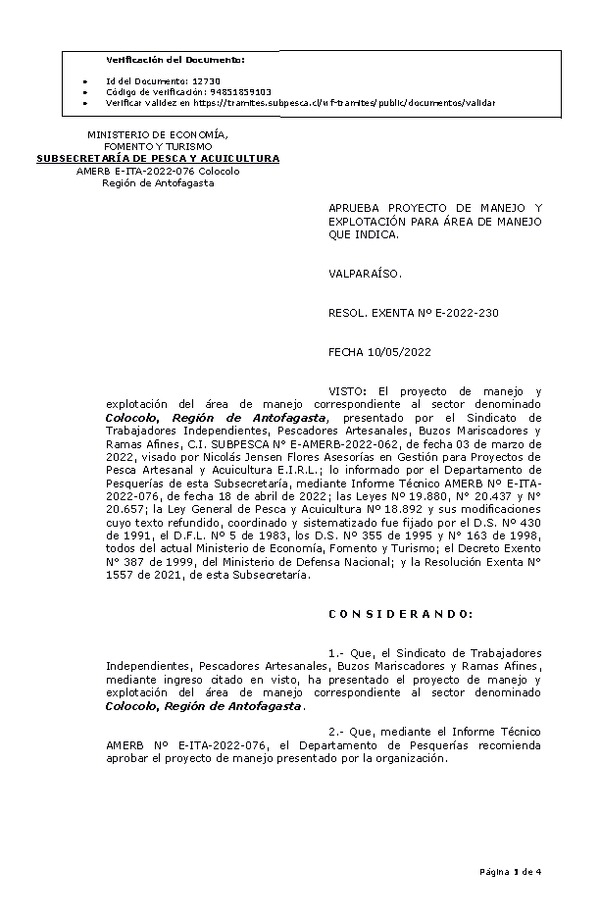 RESOL. EXENTA Nº E-2022-230  Aprueba plan de manejo. (Publicado en Página Web 12-05-2022)