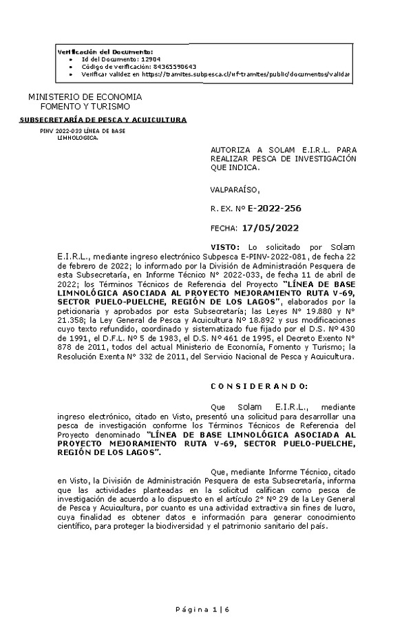 R. EX. Nº E-2022-256 LÍNEA DE BASE LIMNOLÓGICA ASOCIADA AL PROYECTO MEJORAMIENTO RUTA V-69, SECTOR PUELO-PUELCHE, REGIÓN DE LOS LAGOS. (Publicado en Página Web 18-05-2022)