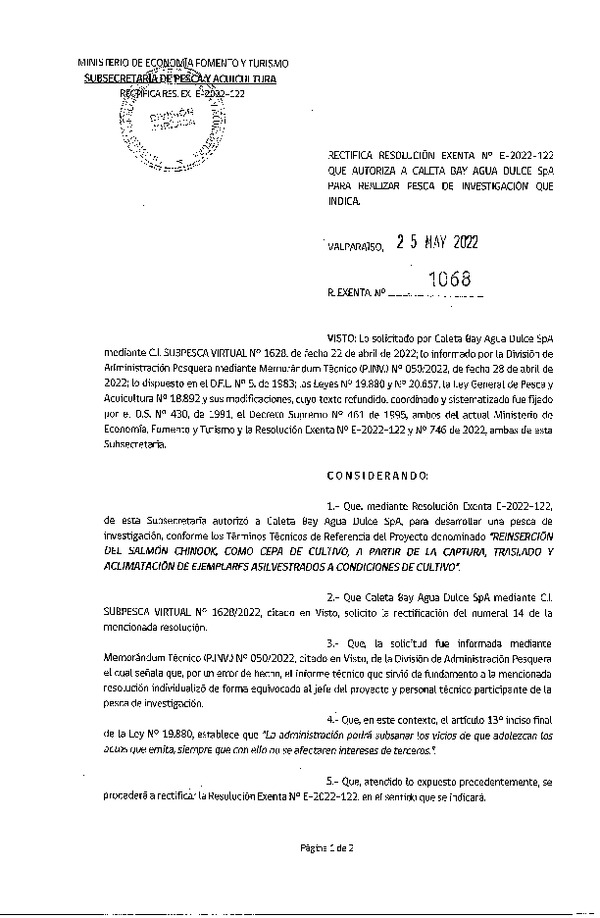 Res. Ex. N° 1068-2022 Rectifica Res. Ex. N° E-2022-122. (Publicado en Página Web 27-05-2022)