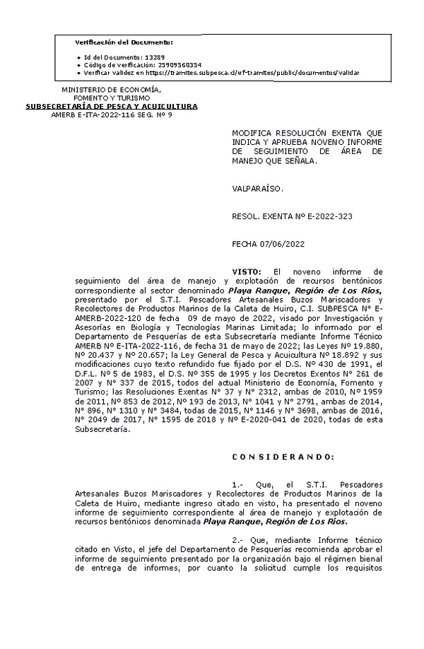 RESOL. EXENTA Nº E-2022-323 Modifica resolución que indica, Aprueba 9° Seguimiento. (Publicado en Página Web 08-06-2022)