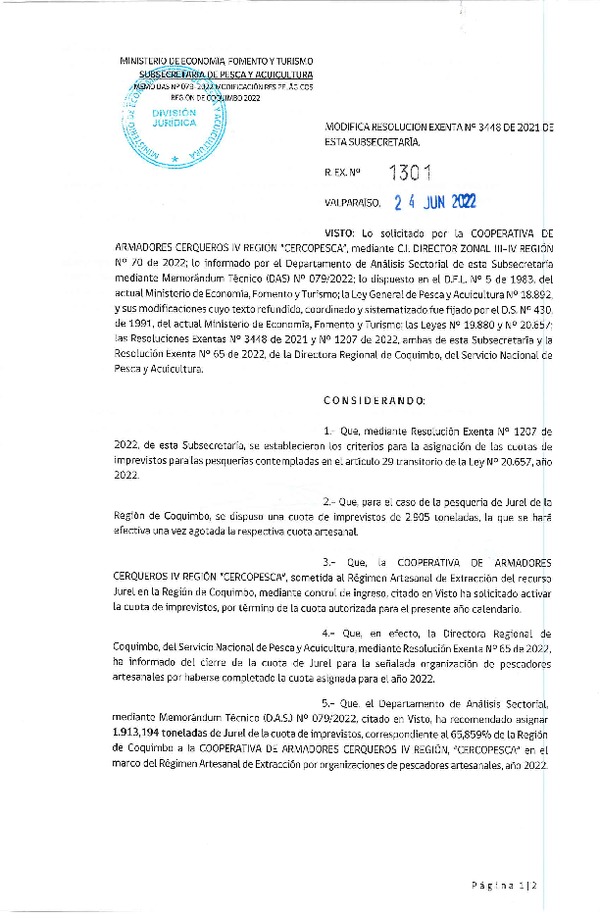 Res. Ex. N° 1301-2022 Modifica Res. Ex. N° 3448-2021 Distribución de la Fracción Artesanal de Pesquería de Anchoveta y Jurel, Región de Coquimbo, Año 2022. (Publicado en Página Web 24-06-2022)