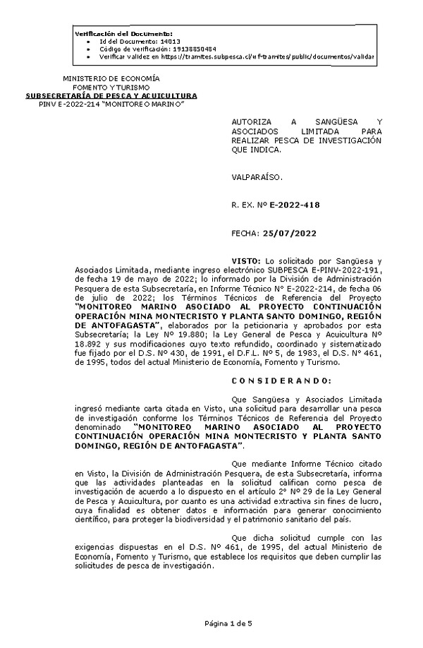 R. EX. Nº E-2022-418 MONITOREO MARINO ASOCIADO AL PROYECTO CONTINUACIÓN OPERACIÓN MINA MONTECRISTO Y PLANTA SANTO DOMINGO, REGIÓN DE ANTOFAGASTA. (Publicado en Página Web 27-07-2022)