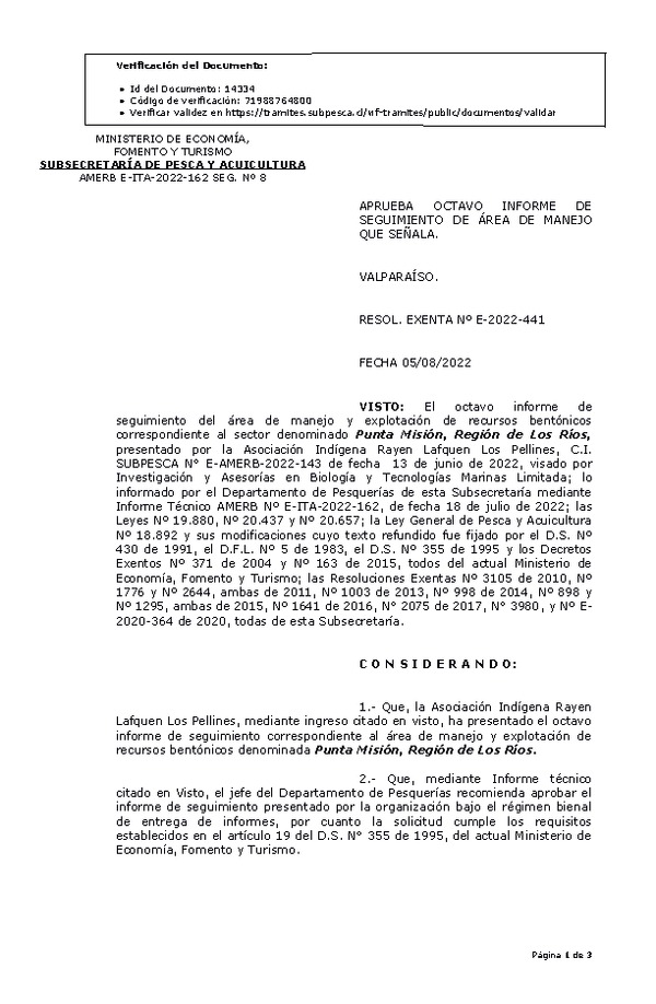 RESOL. EXENTA Nº E-2022-441 Aprueba 8° Seguimiento. (Publicado en Página Web 05-08-2022)