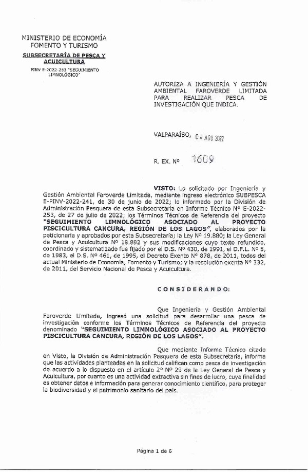 Res. Ex. N° 1609-2022 INGENIERÍA Y GESTIÓN AMBIENTAL FAROVERDE LIMITADA. (Publicado en Página Web 05-08-2022)