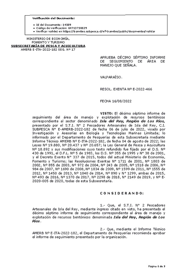 RESOL. EXENTA Nº E-2022-466 Aprueba 17° seguimiento. (Publicado en Página Web 16-08-2022)