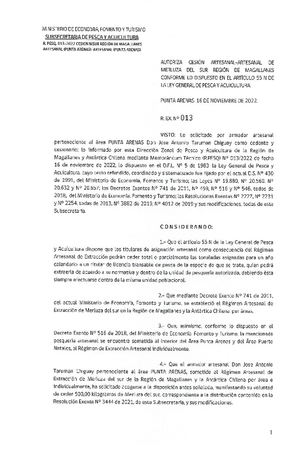 Res Ex. N° 013-2022 (DZP de Magallanes y La Antártica Chilena) Autoriza Cesión Merluza del sur. (Publicado en Página Web 17-11-2022)