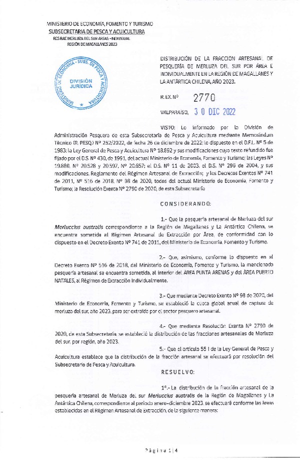Res. Ex. N° 2770-2022 Distribución de la Fracción Artesanal de Pesquería de Merluza del Sur por Área e Individualmente, Región de Magallanes y la Antártica Chilena, Año 2023. (Publicado en Página Web 30-12-2022)