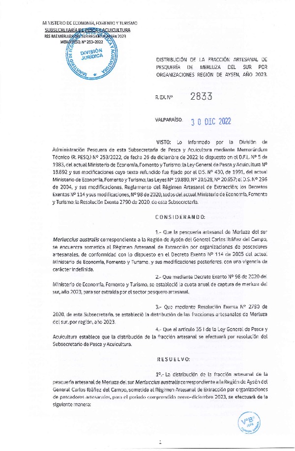 Res. Ex. N° 2833-2022 Distribución de la Fracción Artesanal de Pesquería de Merluza del Sur por Organizaciones, Región de Aysén, Año 2023. (Publicado en Página Web 03-01-2023)