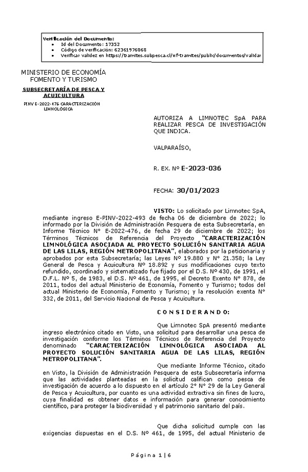 R. EX. Nº E-2023-036 AUTORIZA A LIMNOTEC SpA PARA REALIZAR PESCA DE INVESTIGACIÓN QUE INDICA. (Publicado en Página Web 30-01-2023)