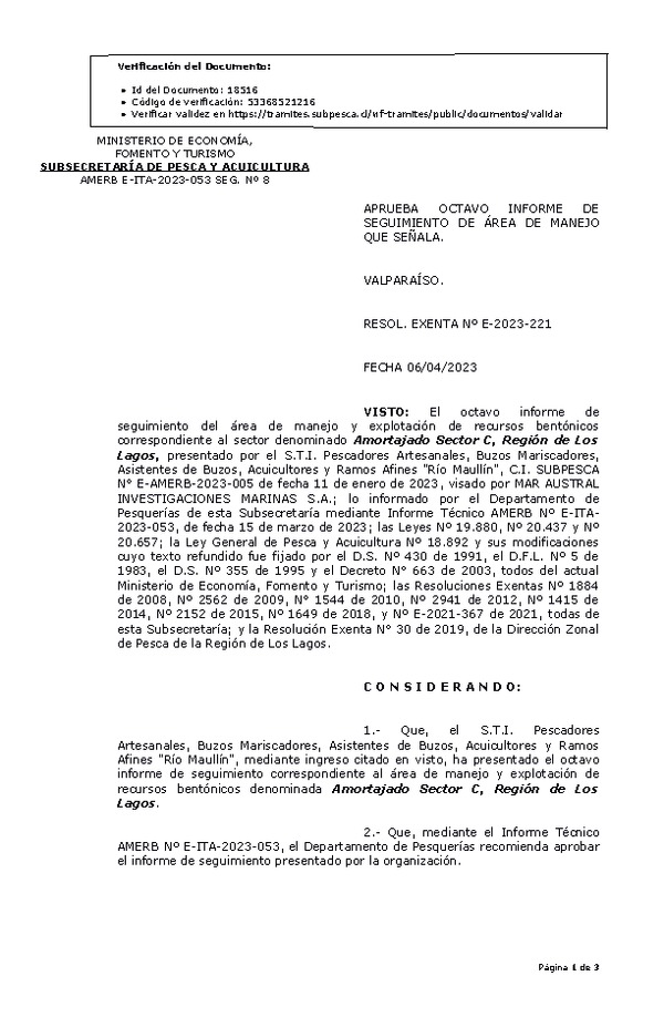 RESOL. EXENTA Nº E-2023-221 Aprueba 8° Seguimiento. (Publicado en Página Web 11-04-2023)