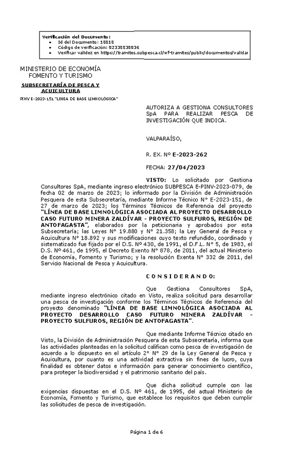 R. EX. Nº E-2023-262 AUTORIZA A GESTIONA CONSULTORES SpA PARA REALIZAR PESCA DE INVESTIGACIÓN QUE INDICA. (Publicado en Página Web 27-04-2023)