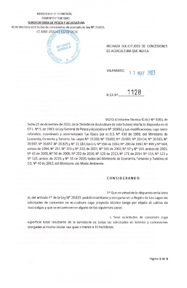 Res. Ex. N° 1128-2023 Rechaza solicitudes de concesiones de acuicultura que indica.