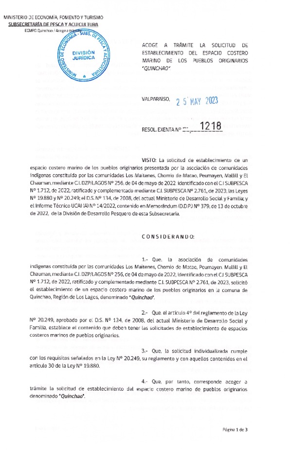 Res. Ex. N° 1218-2022 Acoge a trámite la solicitud de establecimiento de ECMPO "QUINCHAO". (Publicado en Página Web 25-05-2023)