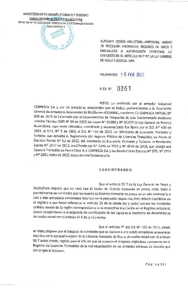 Res. Ex. N°0361-2023 Autoriza cesión Anchoveta, Regiones de Arica y Parinacota a Antofagasta. (Publicado en Página Web 16-02-2023)