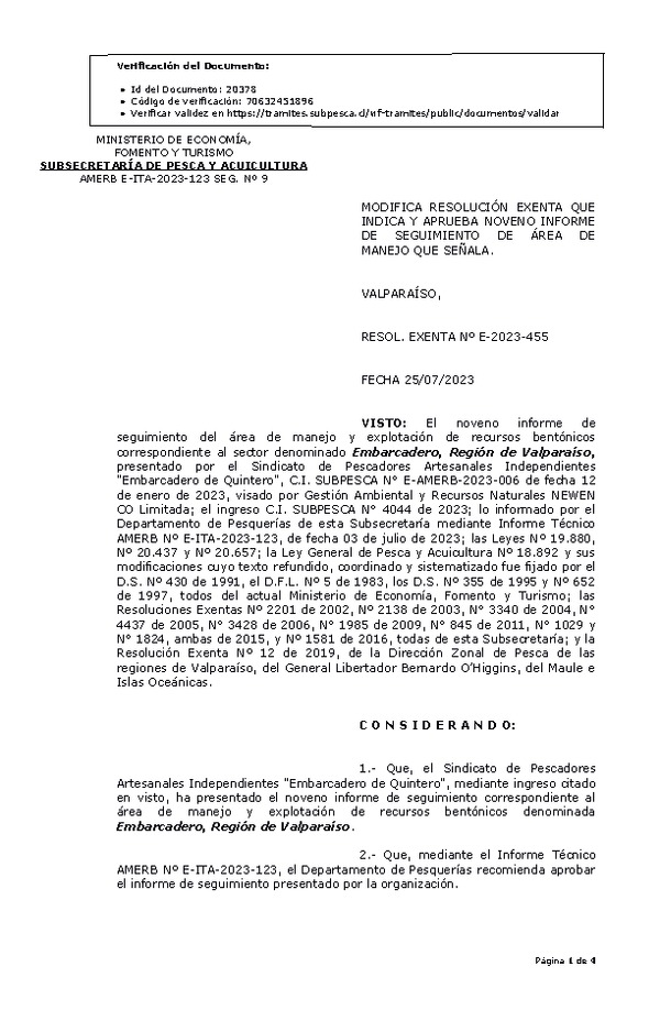 RESOL. EXENTA Nº E-2023-455 Modifica resolución que indica, Aprueba 9° seguimiento. (Publicado en Página Web 28-07-2023)