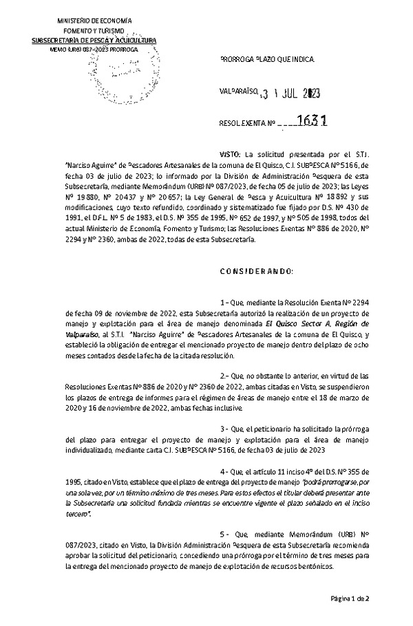 Res. Ex. N° 1631-2023 Autoriza acción de Manejo. (Publicado en Página Web 02-08-2023)