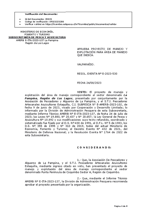 RESOL. EXENTA Nº E-2023-530 Aprueba Plan de manejo. (Publicado en Página Web 25-08-2023)