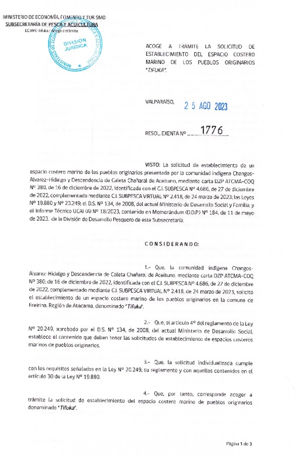 Res. Ex. N° 1776-2023 Acoge a trámite la solicitud de establecimiento de ECMPO Tifuka. (Publicado en Página Web 28-08-2023)