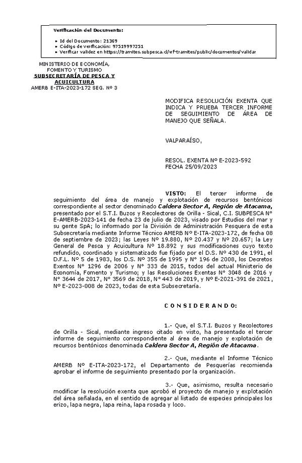 RESOL. EXENTA Nº E-2023-592 Modifica resolución que indica, Aprueba 3° seguimiento. (Publicado en Página Web 26-09-2023)