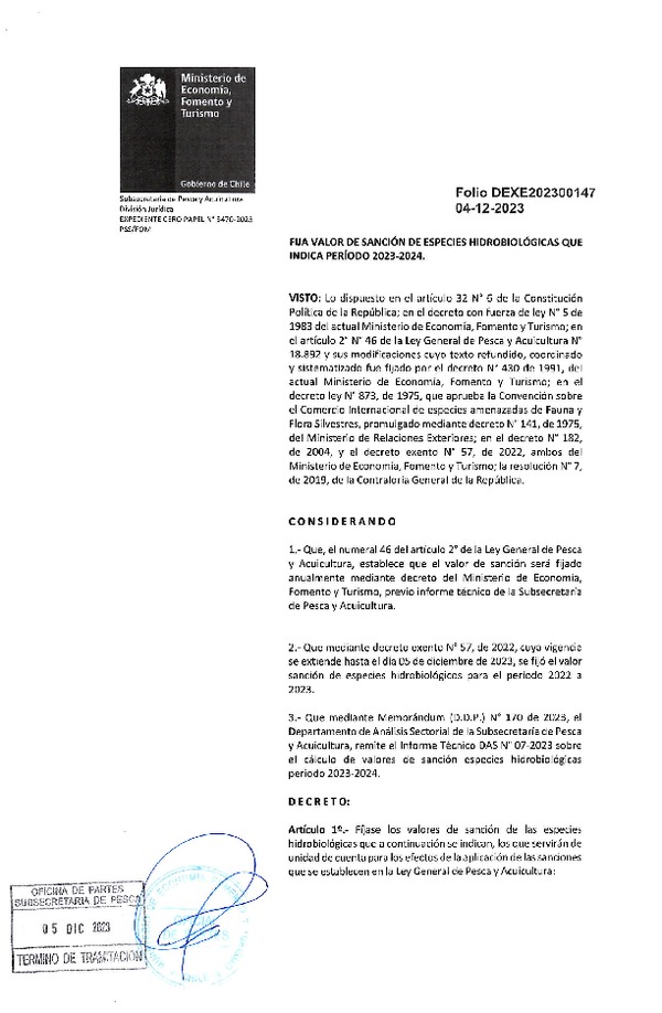 Dec. Ex. Folio N° 202300147 Fija Valor de Sanción de Especies hidrobiológicas que indica, Período 2023-2024. (Publicado en Página Web 06-12-2023)