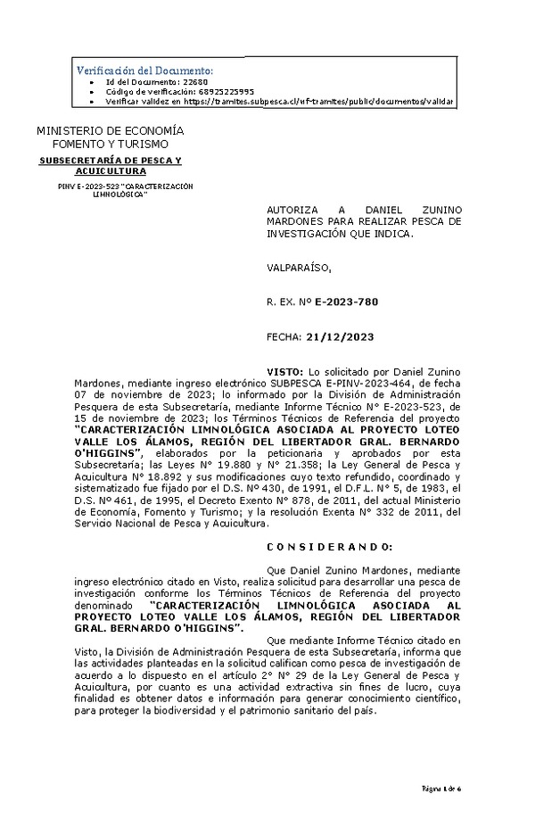R. EX. Nº E-2023-780 AUTORIZA A DANIEL ZUNINO MARDONES PARA REALIZAR PESCA DE INVESTIGACIÓN QUE INDICA. (Publicado en Página Web 22-12-2023)