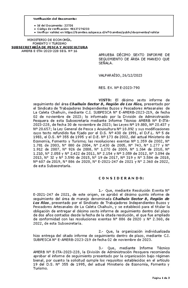 R. EX. Nº E-2023-790 Aprueba 16° Seguimiento. (Publicado en Página Web 27-12-2023)