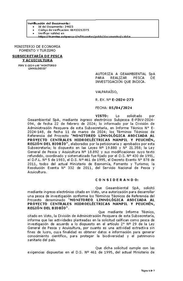 R. EX. Nº E-2024-273 AUTORIZA A GEAAMBIENTAL SpA PARA REALIZAR PESCA DE INVESTIGACIÓN QUE INDICA. (Publicado en Página Web 09-04-2024)