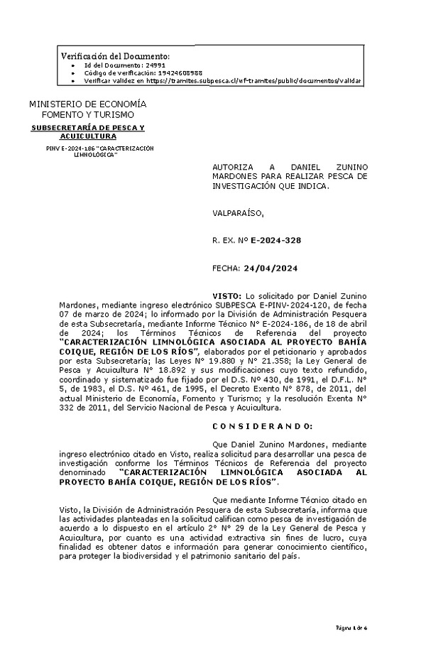 R. EX. Nº E-2024-328 AUTORIZA A DANIEL ZUNINO MARDONES PARA REALIZAR PESCA DE INVESTIGACIÓN QUE INDICA. (Publicado en Página Web 29-04-2024)