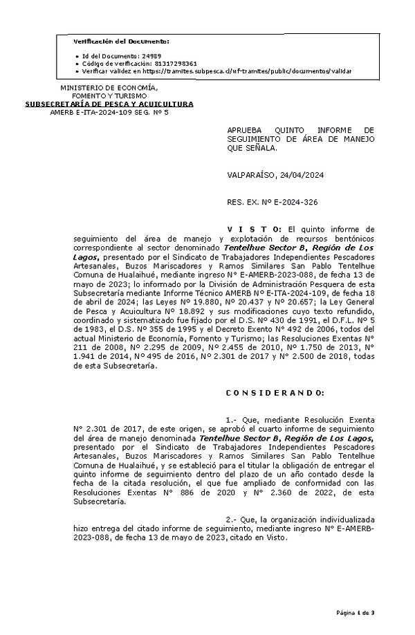 RESOL. EXENTA Nº E-2024-326 Aprueba 5° seguimiento. (Publicado en Página Web 29-04-2024)
