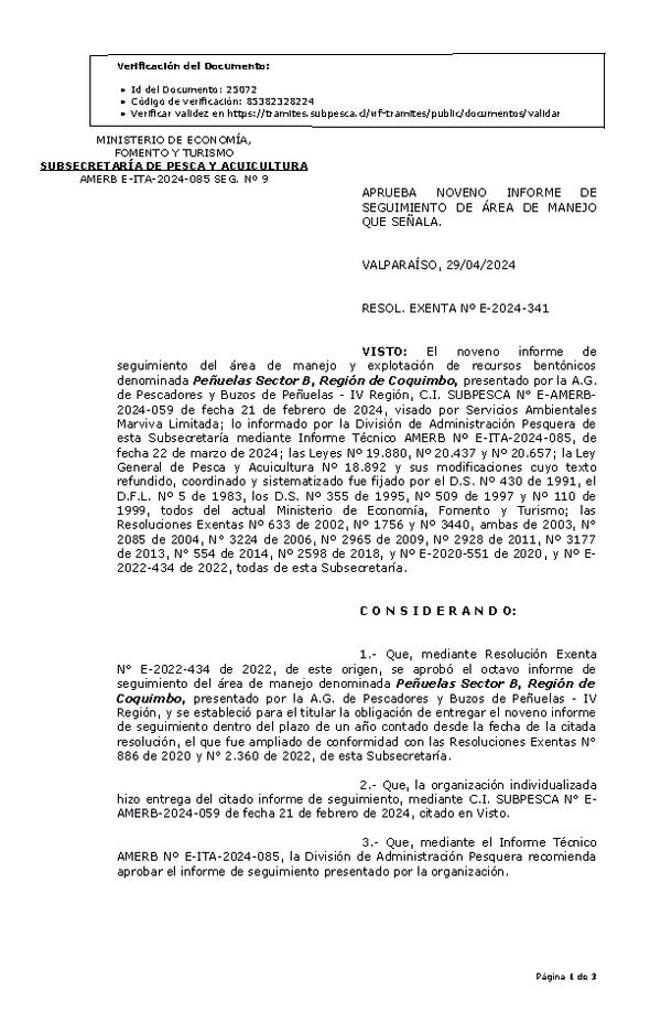 RESOL. EXENTA Nº E-2024-341 Aprueba noveno informe de seguimiento. (Publicado en Página Web 02-05-2024)