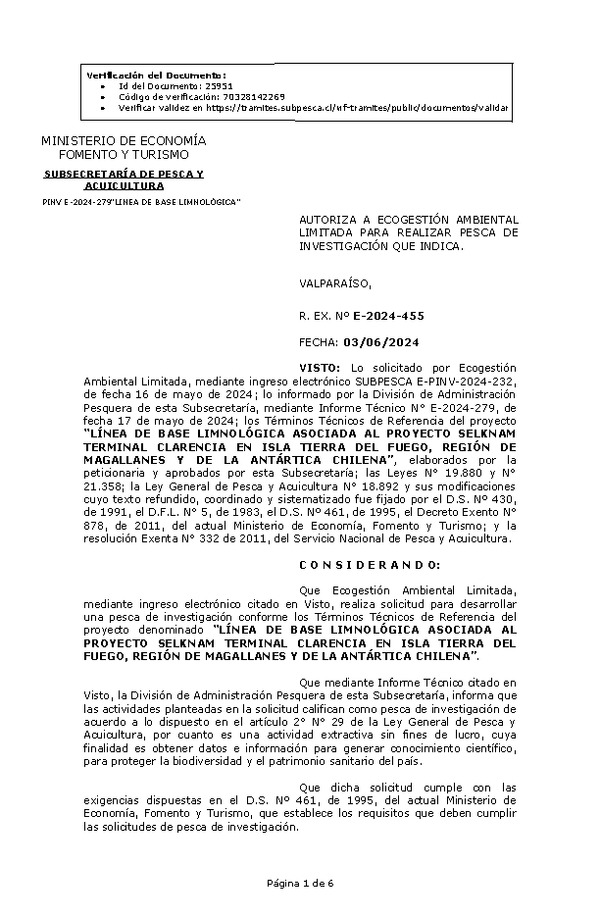 R. EX. Nº E-2024-455 AUTORIZA A ECOGESTIÓN AMBIENTAL LIMITADA PARA REALIZAR PESCA DE INVESTIGACIÓN QUE INDICA. (Publicado en Página Web 04-06-2024)