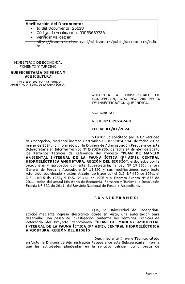 RES. EX. Nº E-2024-560 AUTORIZA A UNIVERSIDAD DE CONCEPCIÓN, PARA REALIZAR PESCA DE INVESTIGACIÓN QUE INDICA. (Publicado en Página Web 03-07-2024)