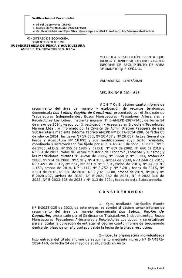 RES. EX. Nº E-2024-613 Modifica resolución que indica, Aprueba décimo cuarto informe de seguimiento. (Publicado en Página Web 15-07-2024)