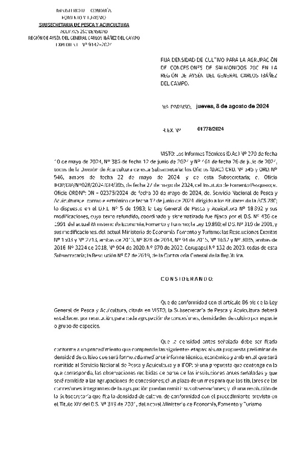 Res. Ex. N° 1778-2024 Fija densidad de cultivo para la agrupación de concesiones de salmónidos 28C en la Región de Aysén. (Con Informe Técnico) (Publicado en Página Web 09-08-2024)