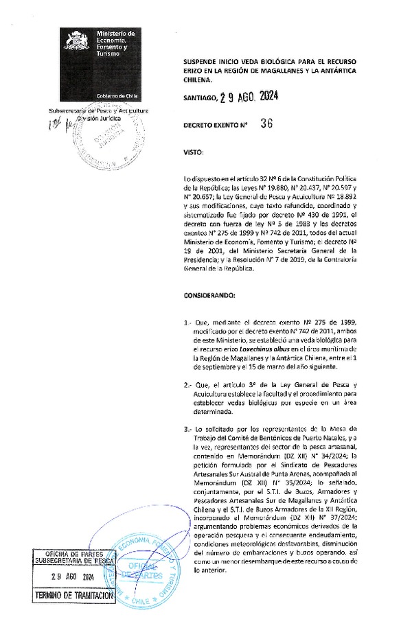Dec. Ex. N° 36-2024. Suspende Inicio Veda Biológica para el Recurso Erizo en la Región de Magallanes y la Antártica Chilena. (Publicado en Página Web 30-08-2024)