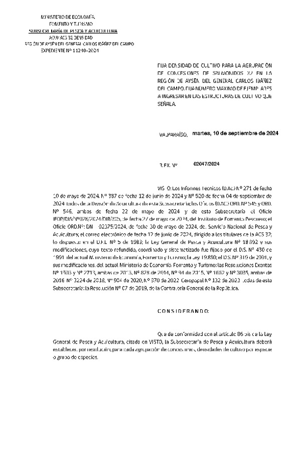 Res. Ex. N° 2047-2024 Fija densidad de cultivo para la agrupación de concesiones de salmónidos 32 en la Región de Aysén. Fija número máximo de ejemplares a ingresar en las esctructuras de cultivo que señala. (Con Informe Técnico) (Publicado en Página Web 11-09-2024)