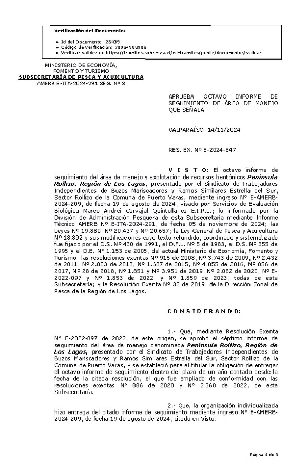 RES. EX. Nº E-2024-847 Aprueba primer informe de seguimiento. (Publicado en Página Web 19-11-2024)
