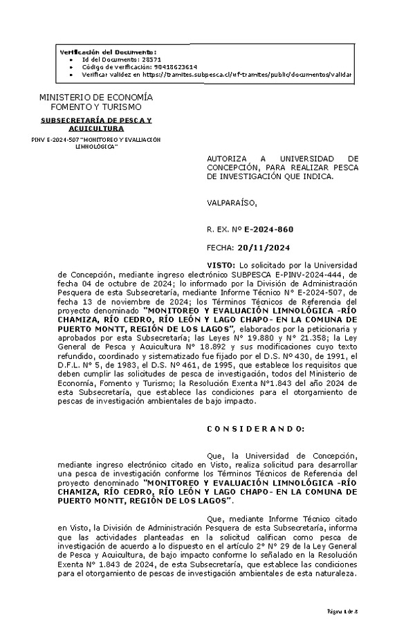 R. EX. Nº E-2024-860 AUTORIZA A UNIVERSIDAD DE CONCEPCIÓN, PARA REALIZAR PESCA DE INVESTIGACIÓN QUE INDICA. (Publicado en Página Web 22-11-2024)