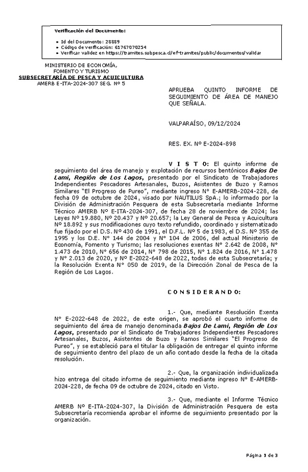 RESOL. EXENTA Nº E-2024-898 Aprueba quinto informe de seguimiento. (Publicado en Página Web 11-12-2024)