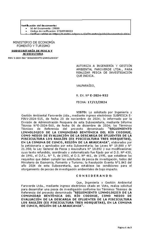 R. EX. Nº E-2024-932 AUTORIZA A INGENIERÍA Y GESTIÓN AMBIENTAL FAROVERDE LTDA., PARA REALIZAR PESCA DE INVESTIGACIÓN QUE INDICA. (Publicado en Página Web 17-12-2024)