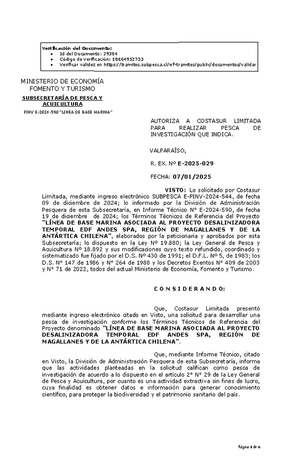 Res. Ex. N° 29-2025 AUTORIZA A COSTASUR LIMITADA PARA REALIZAR PESCA DE INVESTIGACIÓN QUE INDICA. (Publicado en Página Web 08-01-2025)