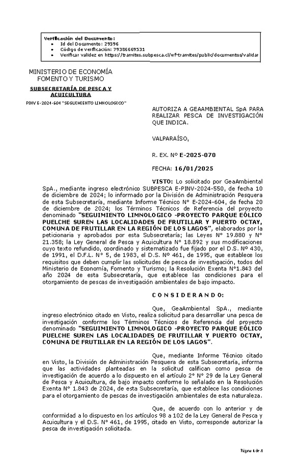R. EX. Nº E-2025-070 AUTORIZA A GEAAMBIENTAL SpA PARA REALIZAR PESCA DE INVESTIGACIÓN QUE INDICA. ((Publicado en Página Web 17-01-2025)
