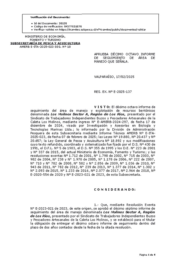 RESOL. EXENTA Nº E-2025-137 Aprueba 18° Seguimiento. (Publicado en Página Web 17-02-2025)
