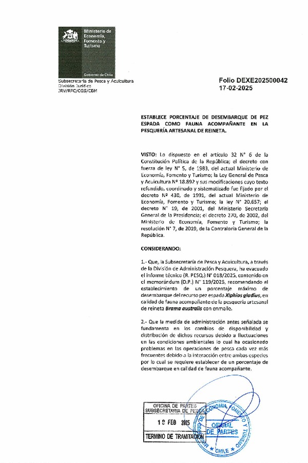 Dec. Ex. Folio 202500042 Establece Porcentajes de Desembarque de Pez Espada como Fauna Acompañante en la Pesquería Artesanal de Reineta. (Publicado en Página Web 18-02-2025)