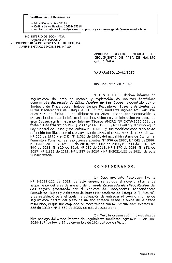 RESOL. EXENTA Nº E-2025-142 Aprueba 10° Seguimiento. (Publicado en Página Web 19-02-2025)