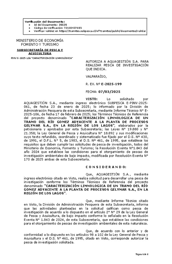 R. EX. Nº E-2025-199 AUTORIZA A AQUAGESTIÓN S.A. PARA REALIZAR PESCA DE INVESTIGACIÓN QUE INDICA. (Publicado en Página Web 10-03-2025)