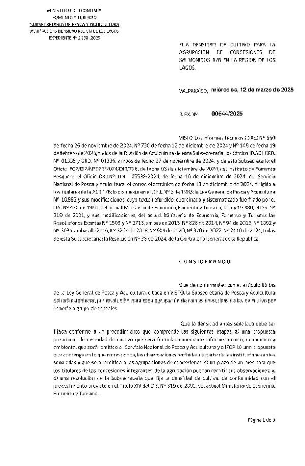 Res. Ex. N° 644-2025 Fija densidad de cultivo para la agrupación de concesiones de salmónidos 17B en la Región de Los Lagos. (Con Informe Técnico) (Publicado en Página Web 13-03-2025)