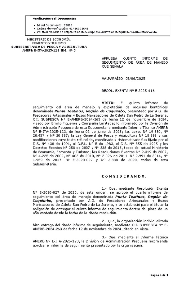 RESOL. EXENTA Nº E-2025-416 Aprueba quinto informe de seguimiento. (Publicado en Página Web 05-06-2025)